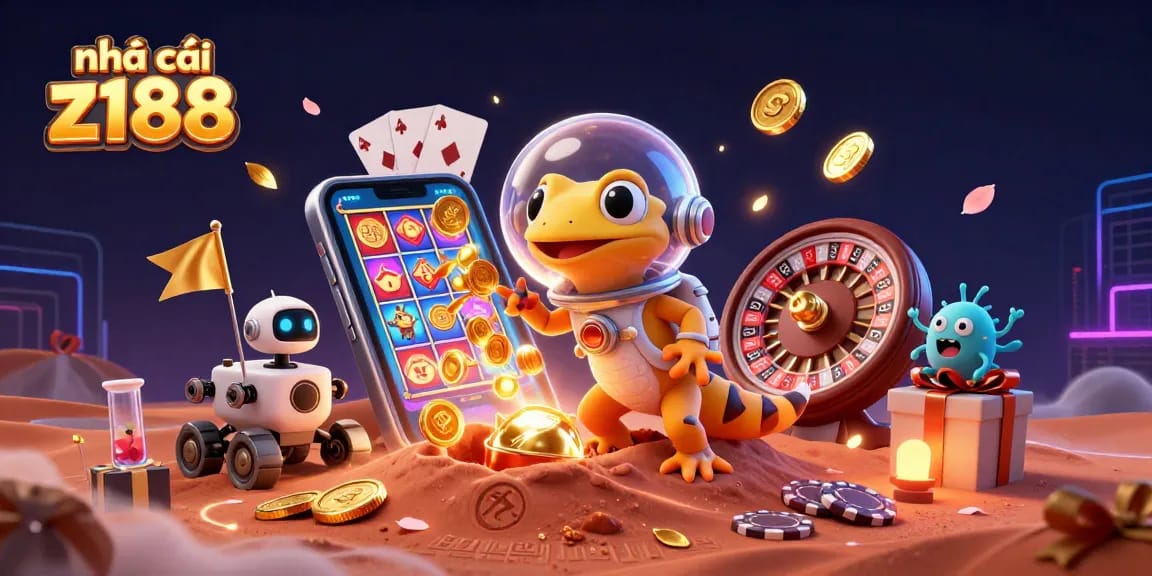 Play and win at nhà cái z188 with a vibrant 3D casino scene featuring slot games and more!