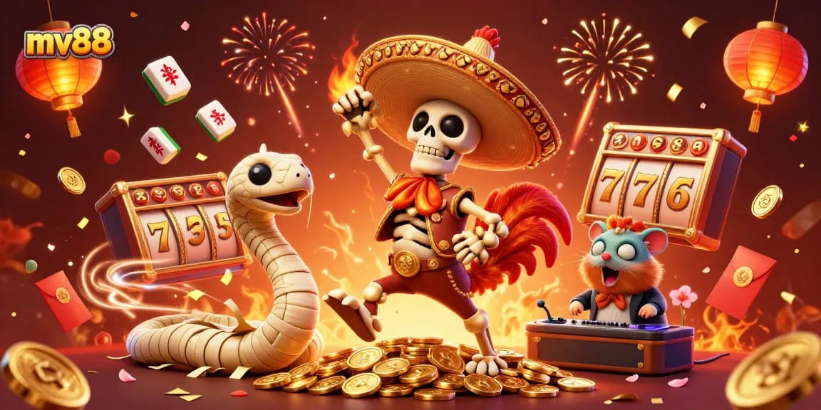 Experience the excitement of mv88 with vibrant slots and dynamic gameplay elements in a festive casino scene.