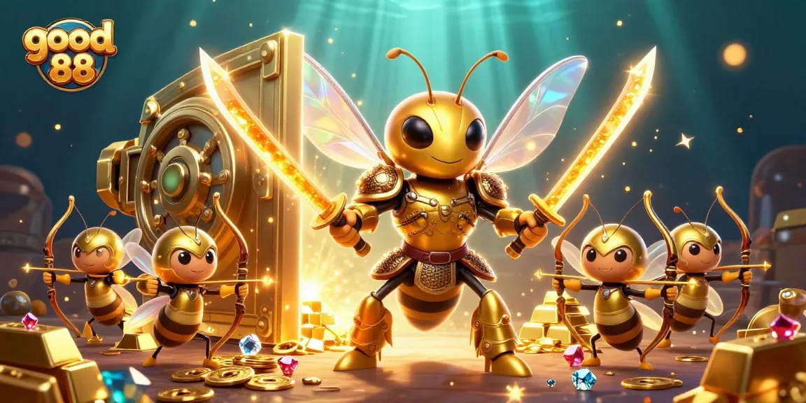 good 88 gaming adventure with a golden hornet warrior amidst treasure and jewels in a dynamic casino scene
