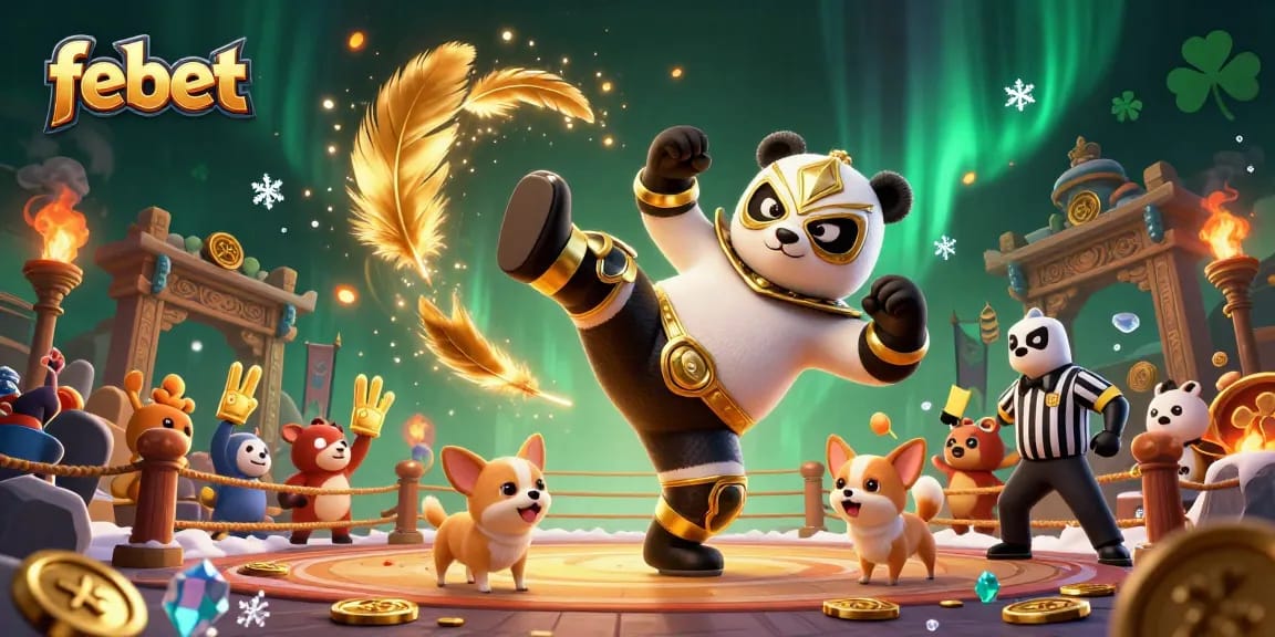 Febet engaging gaming scene with a wrestling panda and cheering animal fans.