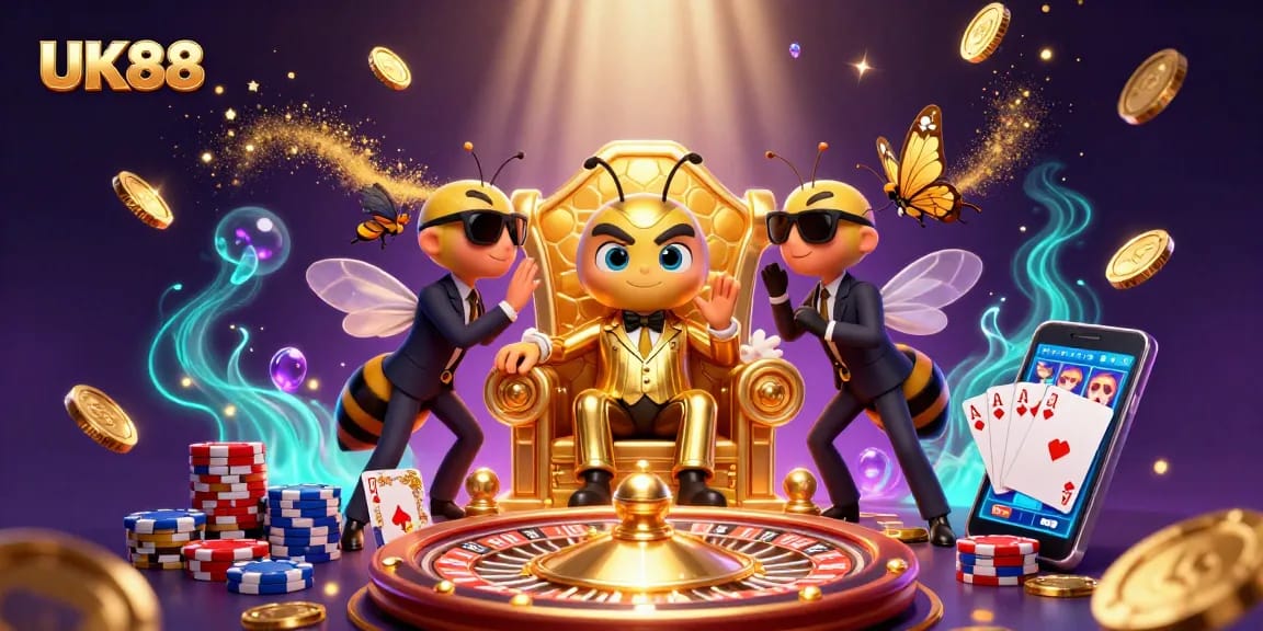 Experience UK88 with vibrant slot elements and dynamic casino action in a detailed illustration.
