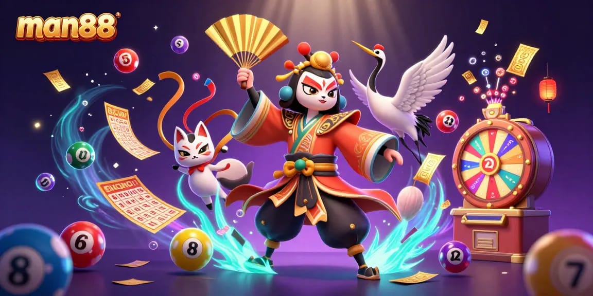 Experience thrilling gameplay at man88 with a vibrant lottery scene featuring kabuki warrior characters and exciting game elements.
