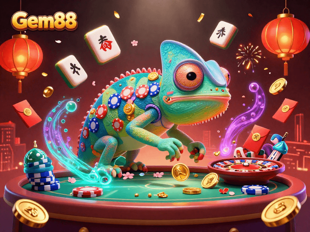 Engage with Gem88's vibrant 3D chameleon casino owner capturing coins and casino elements.