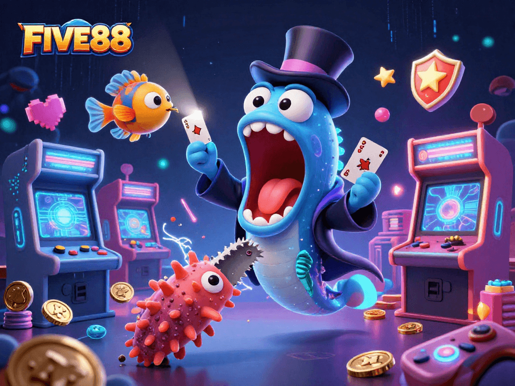 Experience exciting gameplay at FIVE88 with vibrant characters and striking visuals in a magical casino tableau.