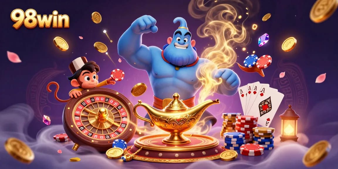 Join the action at 98win with a dazzling casino adventure featuring a genie and poker chips.