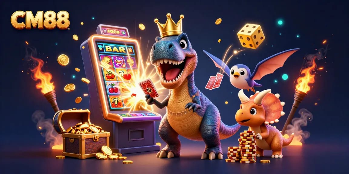 Experience CM88's thrilling casino vibes with a T-Rex shuffled cards and a jackpot explosion!