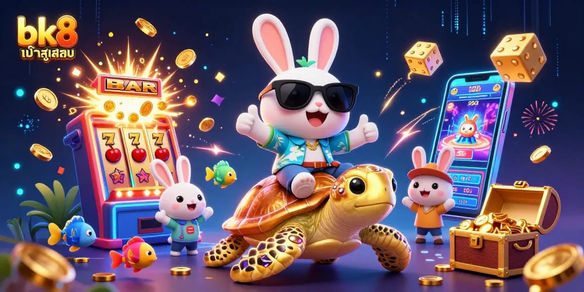 Engage with bk8 เข้าสู่ระบบ through this vibrant 3D casino illustration featuring a lucky rabbit and golden turtle.