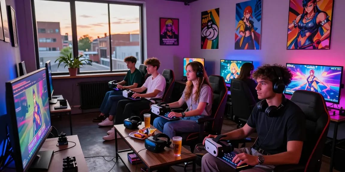 Playing an exciting trans hentai game in a vibrant gaming lounge.