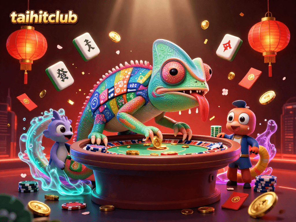 Engage with taihitclub's vibrant casino scene, featuring a colorful chameleon owner collecting coins amid gaming elements.