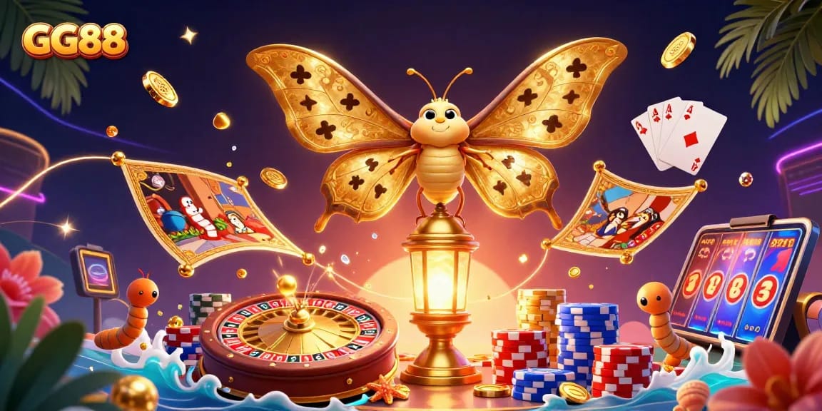 Experience exciting gaming with GG88, featuring vibrant 3D casino elements in an immersive illustration.