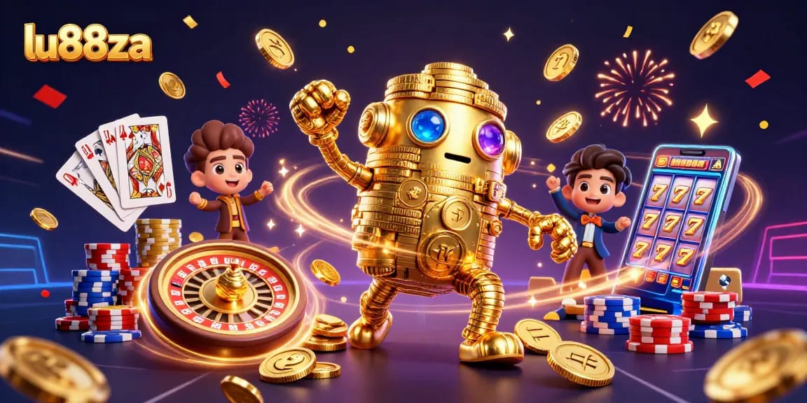 Experience thrilling games at lu88za with an ancient golden golem surrounded by coins and casino elements.