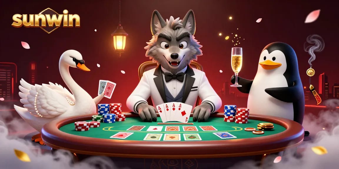 Engage in thrilling baccarat action at sunwin with a stylish wolf, swan dealer, and penguin sommelier.