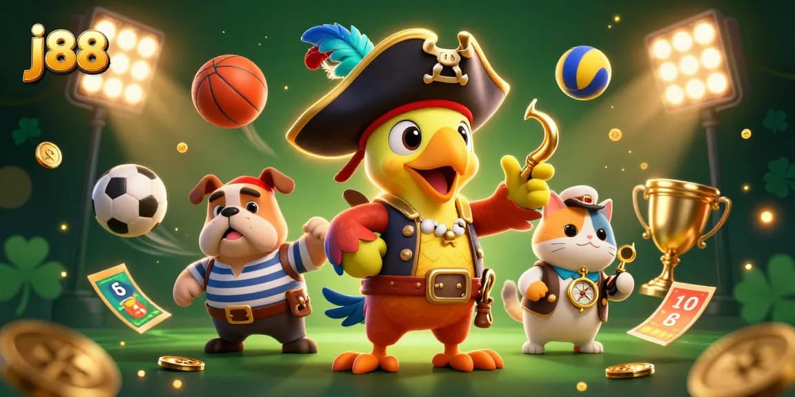 Experience exciting gaming with j88 featuring a playful pirate captain and friends in a lively, sports-inspired scene.