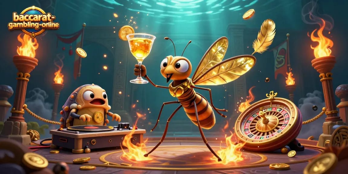 Play baccarat-gambling-online with a lively 3D casino scene featuring unique characters and golden elements.