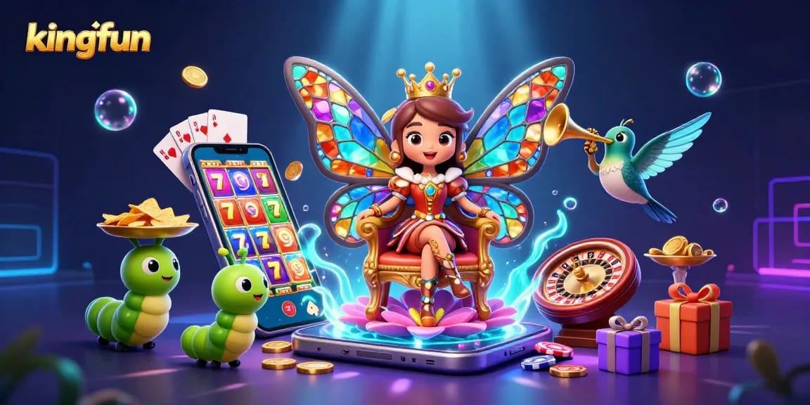 Experience kingfun's vibrant gaming world with a butterfly queen and colorful slot games bursting with rewards.