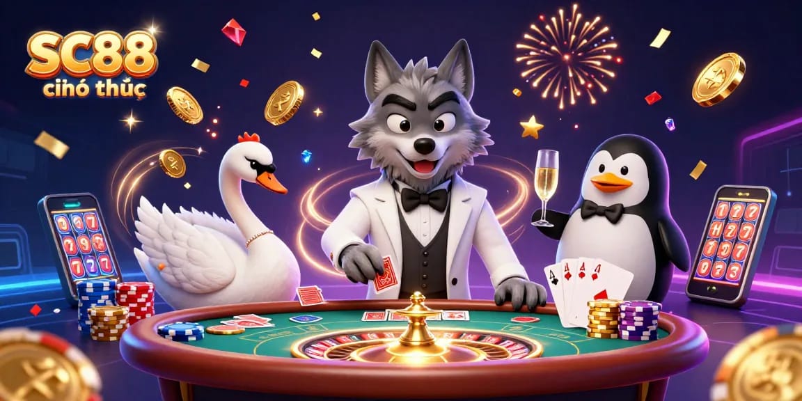 Experience the excitement of SC88 chính thức with a lively casino scene featuring a debonair wolf and elegant characters.