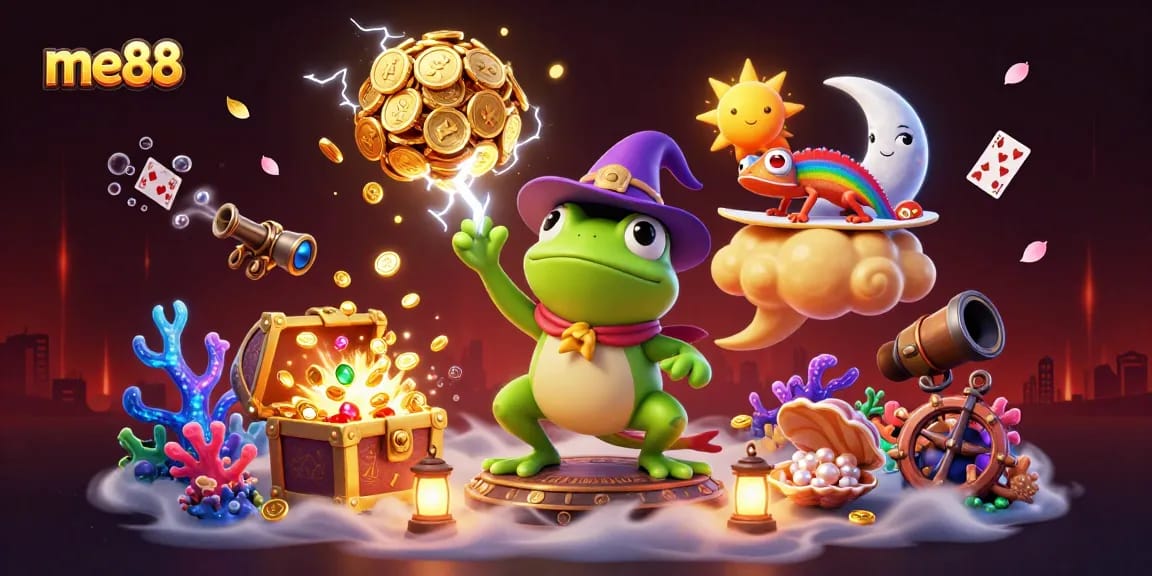 Experience me88's thrilling casino adventures with a vibrant 3D illustration filled with golden coins and gaming elements.