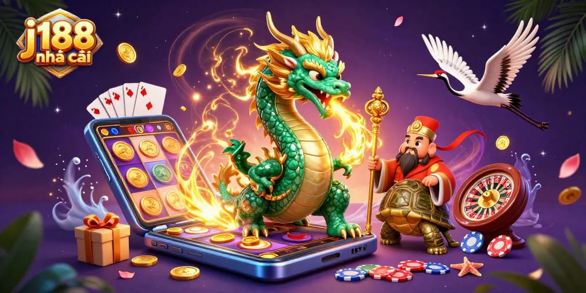 Engage with j188 nhà cái as the jade dragon breathes fire among colorful slot and casino elements.