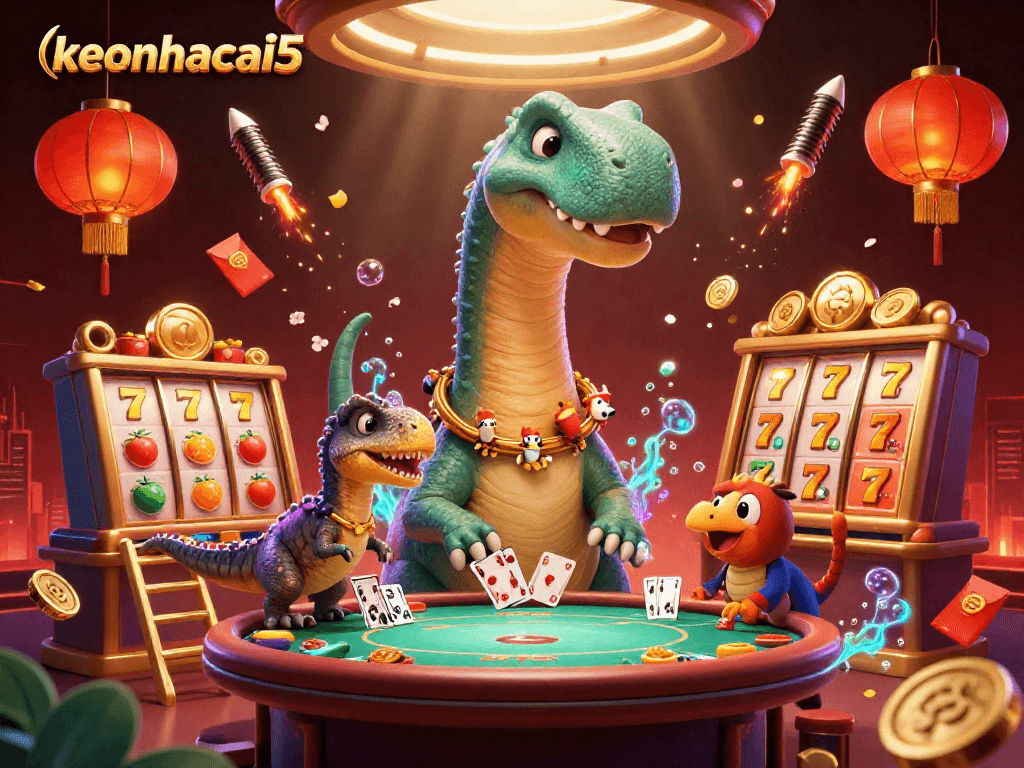 Engage in the thrill of keonhacai5 with exotic slot machines and vibrant characters in a dynamic casino atmosphere.