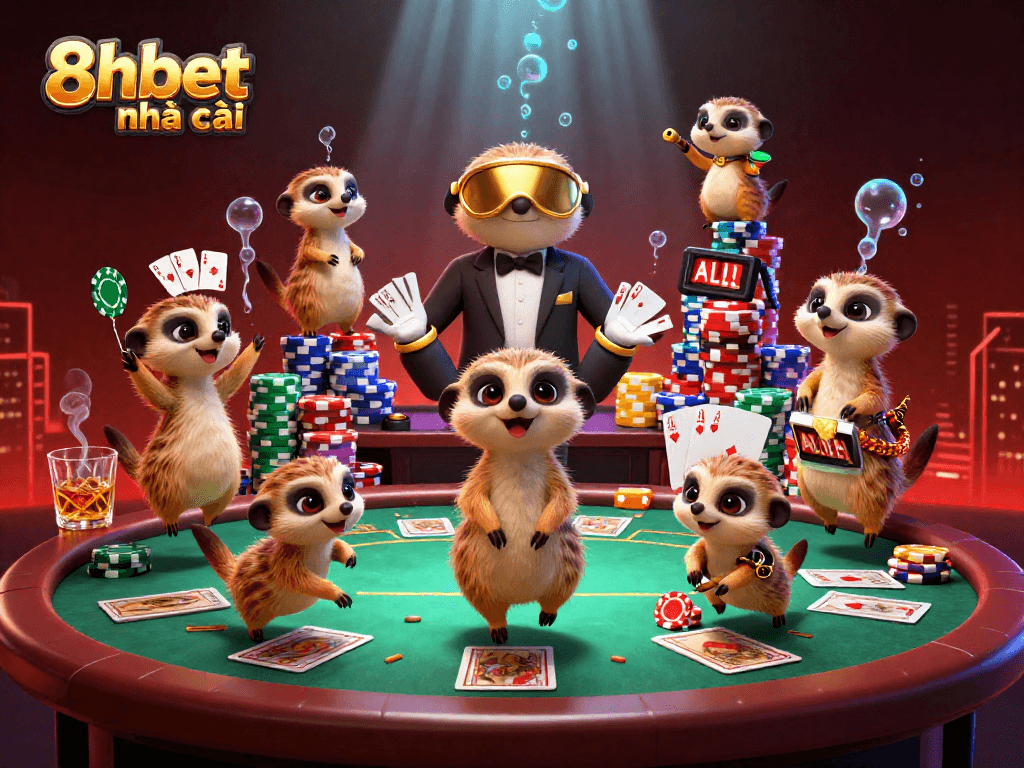 Experience thrilling action at 8xbet nhà cái casino with meerkats managing poker games and joyful gambling atmosphere.