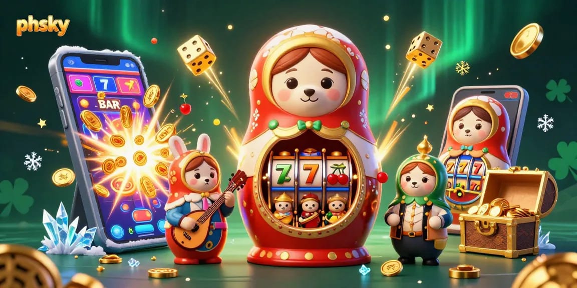 Engage with thrilling phsky gaming experiences as the 3D Matryoshka bear and friends celebrate wins!