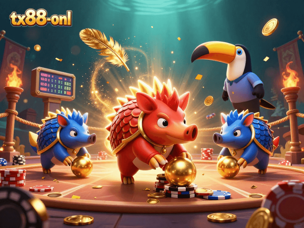 Engage in thrilling games with tx88-onl as pangolins compete in a vibrant casino showdown.