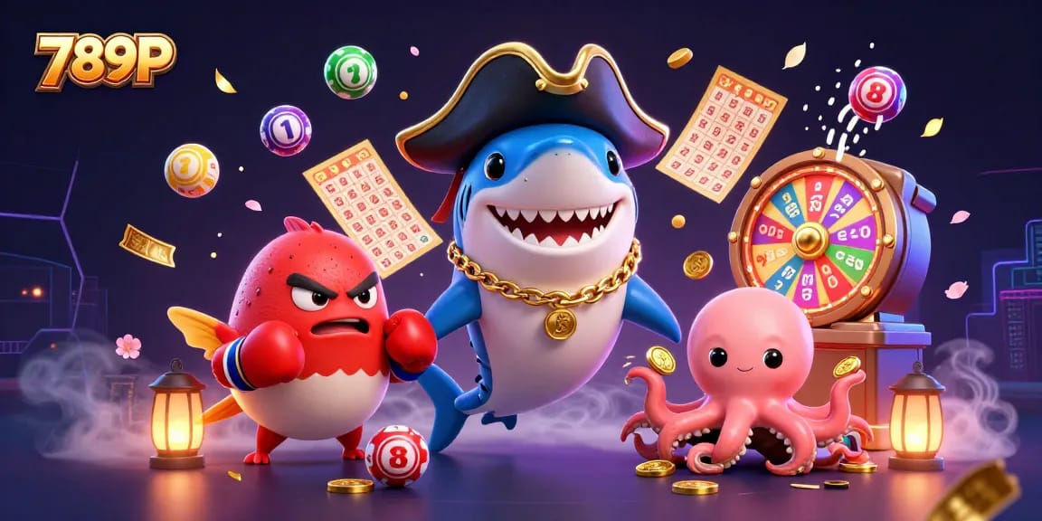Engage in thrilling games with 789P featuring a pirate shark, pufferfish, and octopus amidst colorful lottery elements.