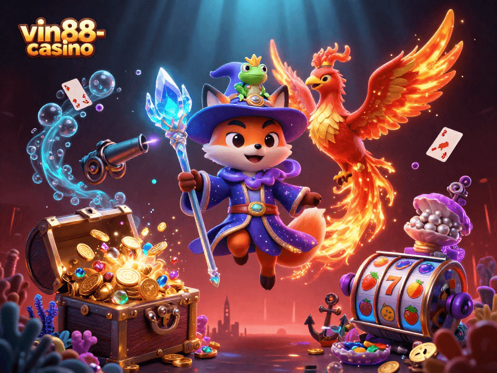 Experience the magic of vin88-casino as the mystical wizard fox and phoenix transform the gaming world with vibrant symbols.