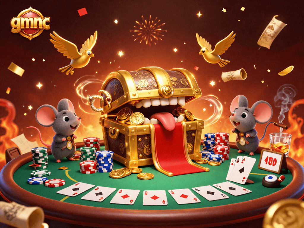 Engage with the gmnc treasure chest while adventurer mice anticipate the wealth of riches at the poker table.
