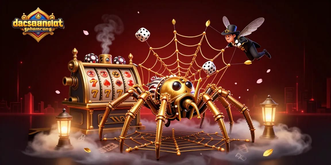 Experience dacsandatphanrang's thrilling gambling atmosphere with a steampunk spider, luck symbols, and vibrant decorations.