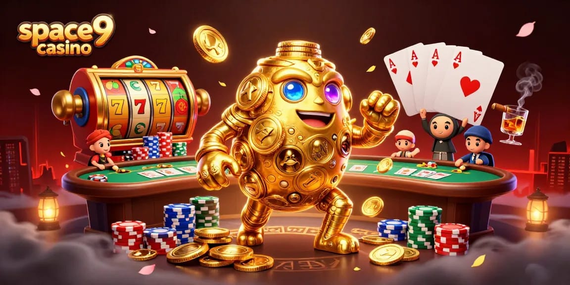Experience thrilling gaming at space9 casino, featuring dynamic characters in a vibrant casino scene.