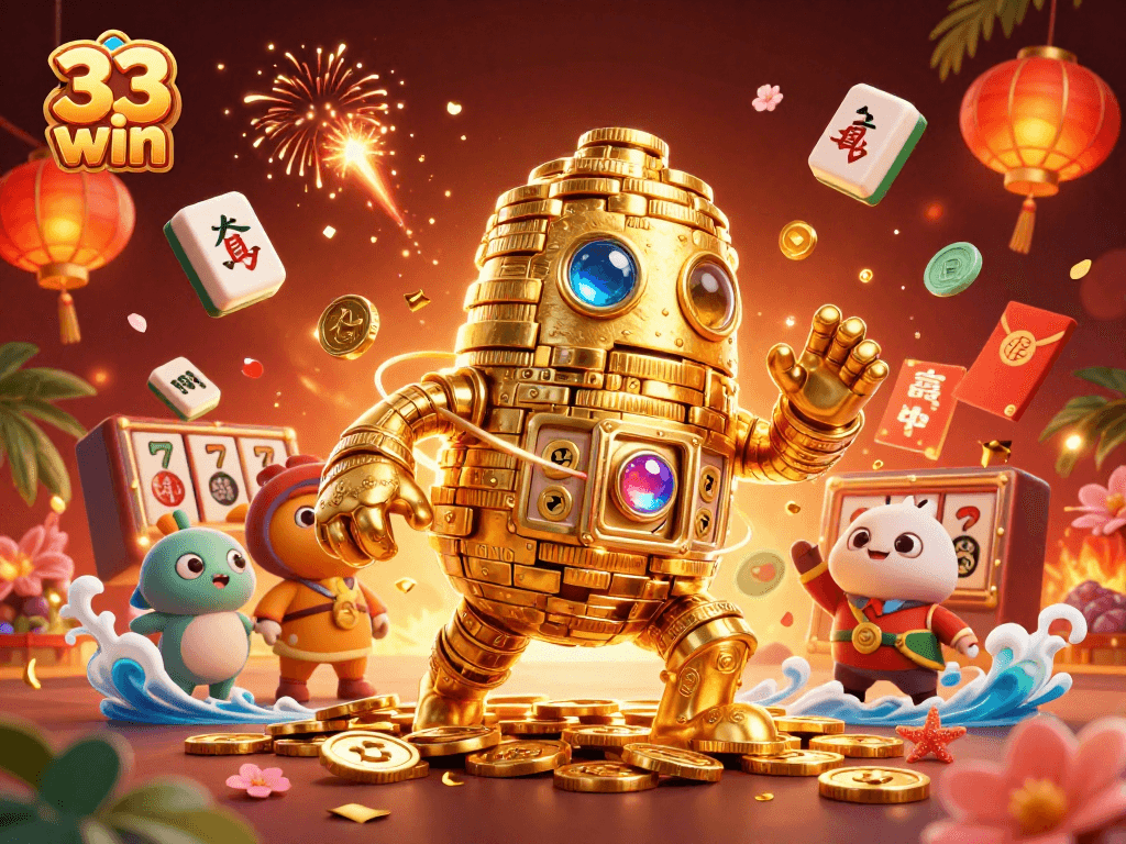 Experience the thrill of 33 win slots with dynamic golden golem and festive elements.