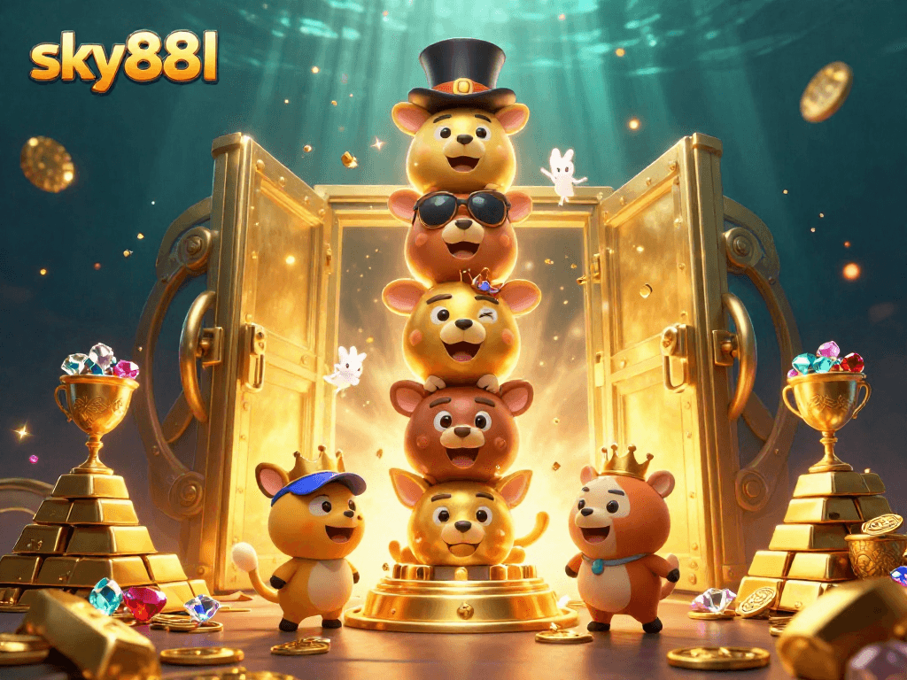 Experience the vibrant energy of sky88l casino with treasure and animated characters enriching the lively scene.
