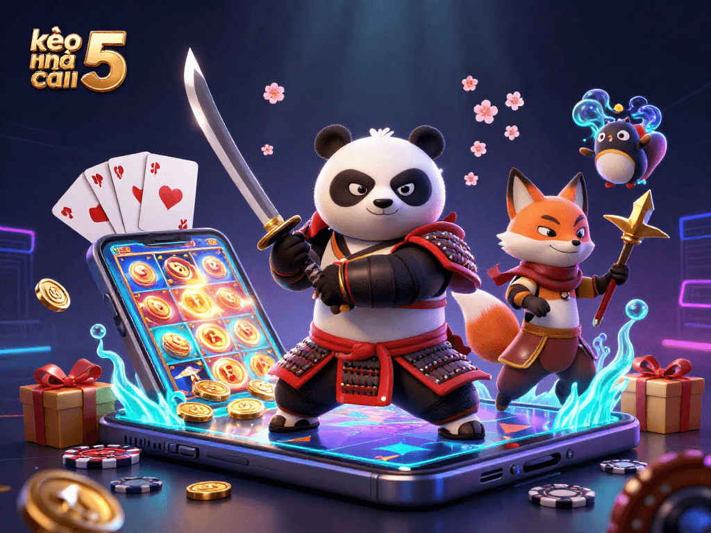 Engage with kèo nhà cái 5 as a fierce samurai panda battles with magic while celebrating casino wins.
