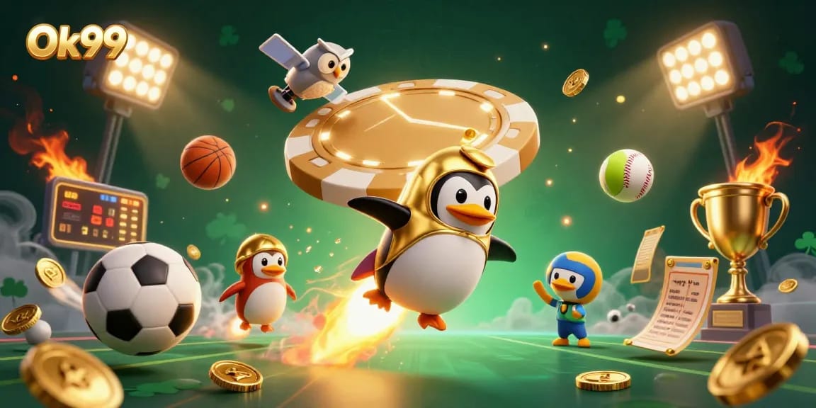 Engage in thrilling gameplay at Ok99 with a vibrant casino scene featuring dynamic sports and gold coins.