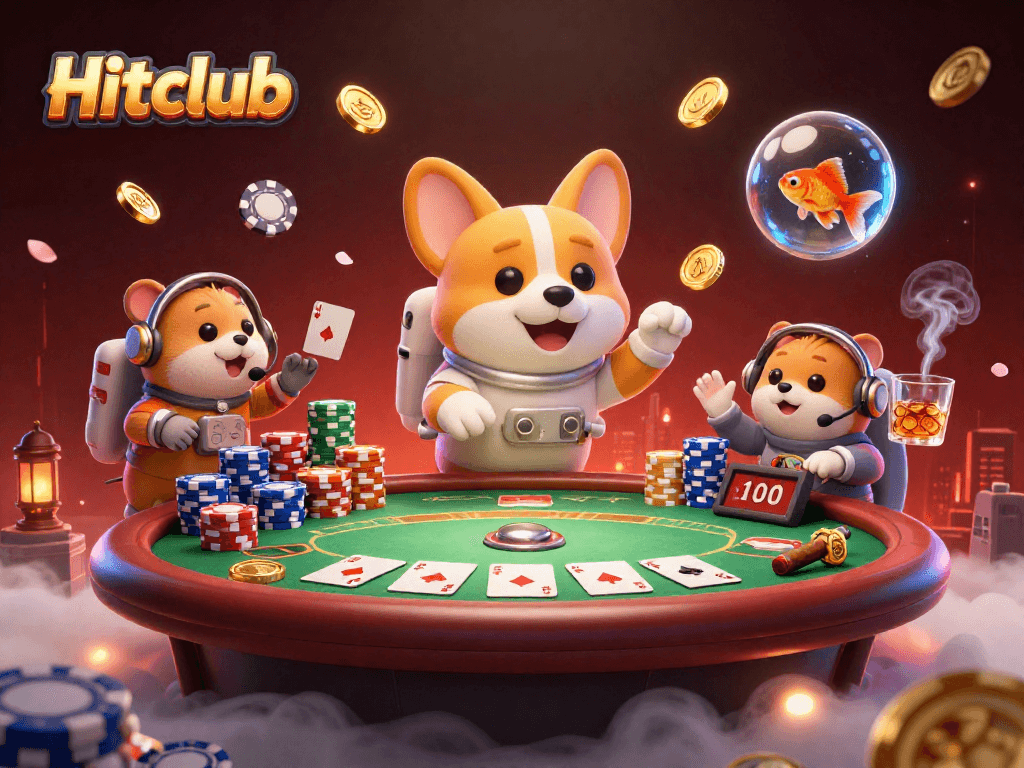 Engage in thrilling gaming with Hitclub’s immersive space casino scene featuring a floating corgi and vibrant poker action.
