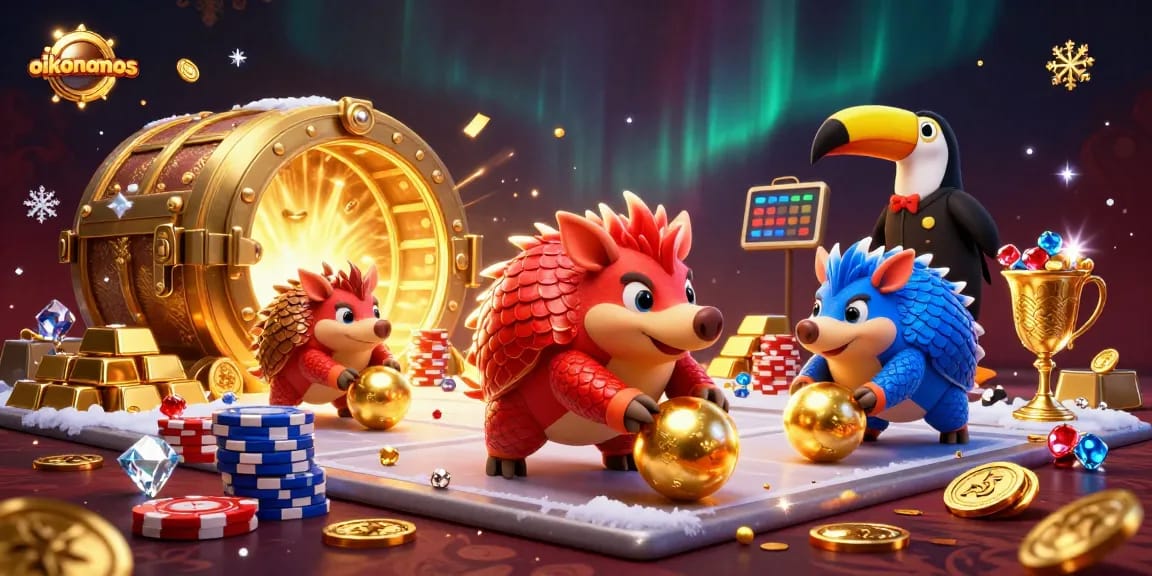 oikonomos pangolins bowling through poker chips in a vibrant 3D casino scene