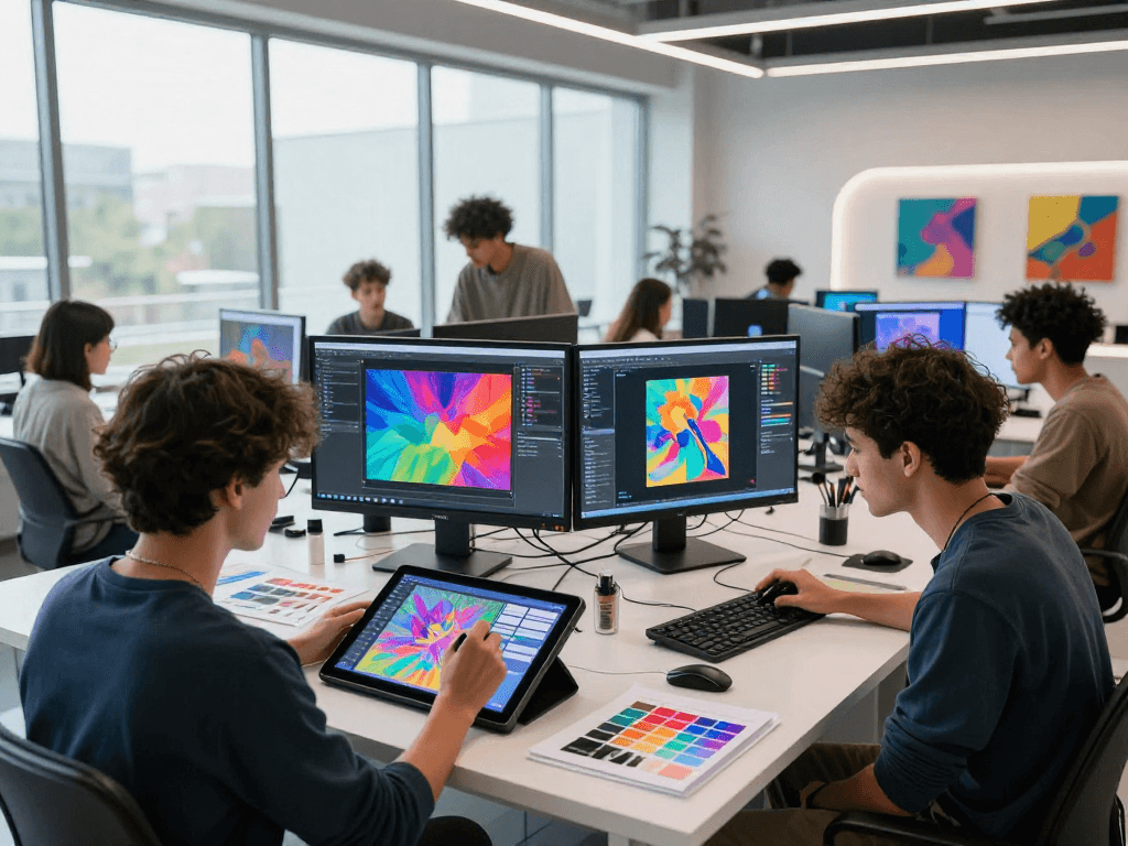 Creative team collaborating in an AI-driven workspace using nsfw ai tools for artwork generation.