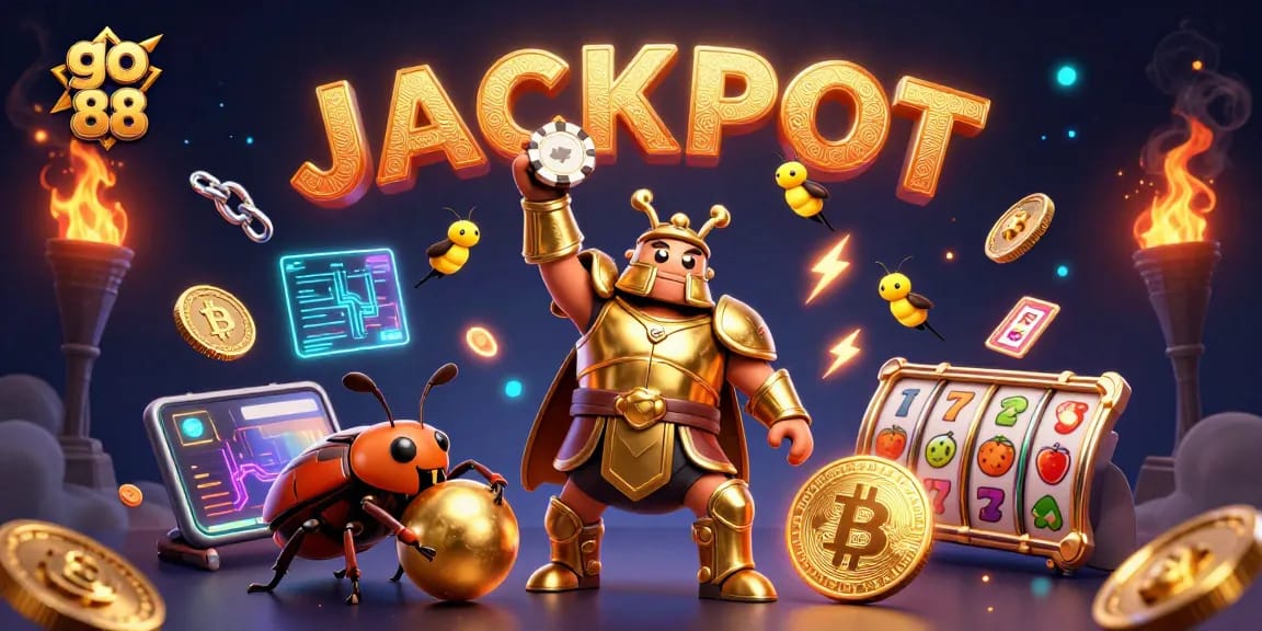 Experience the thrill of go 88 with a victorious hercules beetle and jackpot fireflies in this vibrant casino scene.