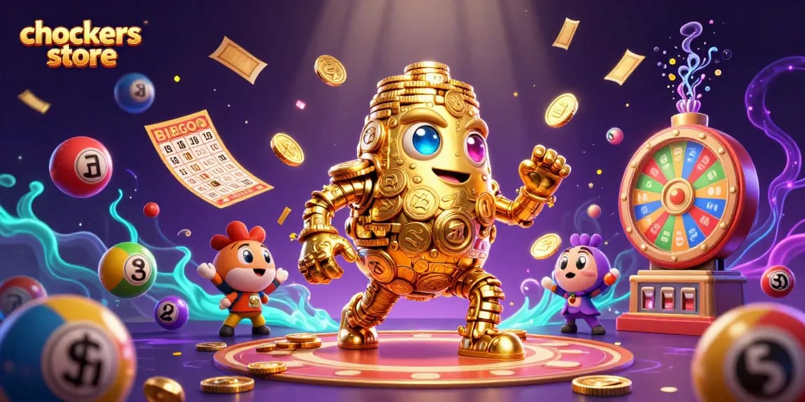 Spin to win at the chockers store with vibrant lottery elements and a golden golem character.