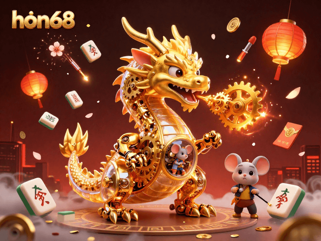 Experience immersive gaming at hon68 with a golden dragon and festive casino elements.