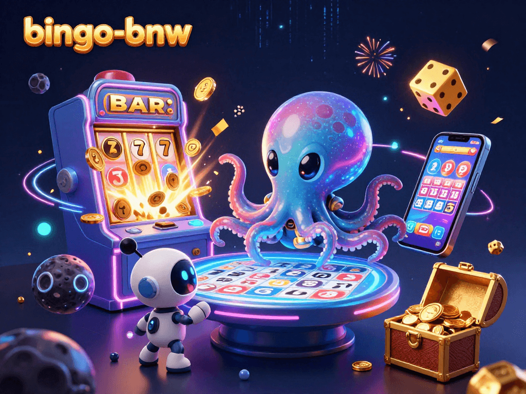 Bingo-bnw offers thrilling gameplay with an alien octopus at a holographic table, jackpot excitement.