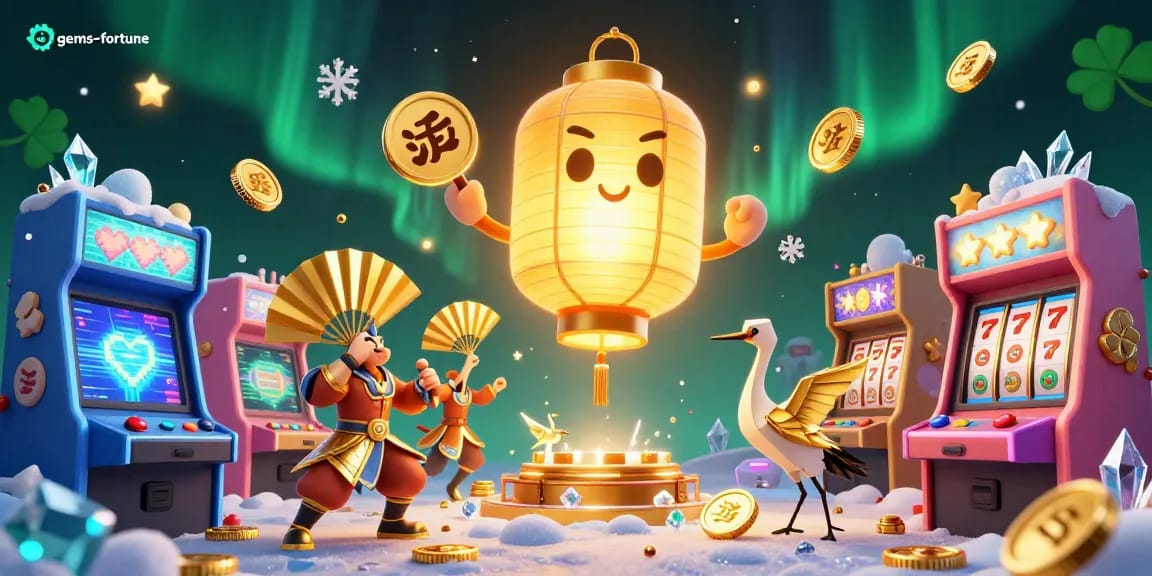 Spin the reels of gems-fortune with a golden lantern spirit amidst vibrant casino action.