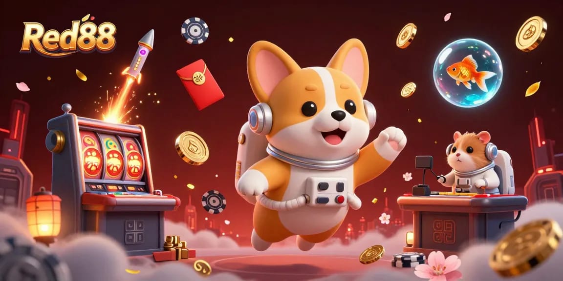 Join the action at Red88 with a floating astronaut corgi in a dynamic casino scene, surrounded by vibrant gaming elements.