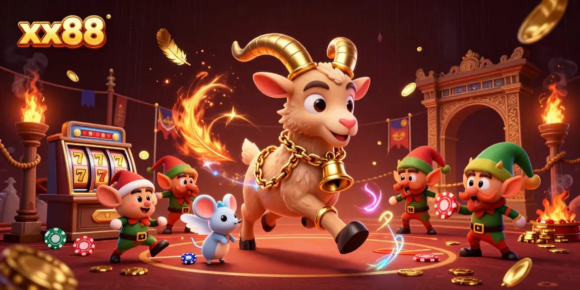 Experience exciting gameplay at xx88 with cartoon Krampus directing a thrilling casino scene.