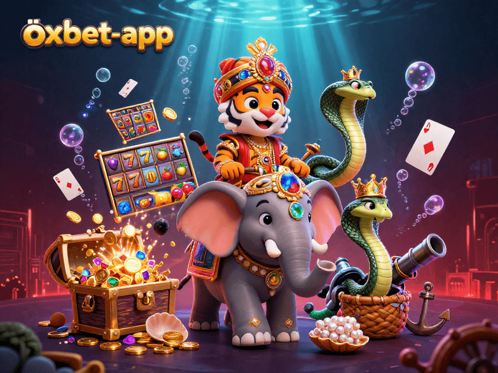 Experience excitement with the oxbet-app as the maharaja tiger rides an elephant amongst vibrant casino elements.