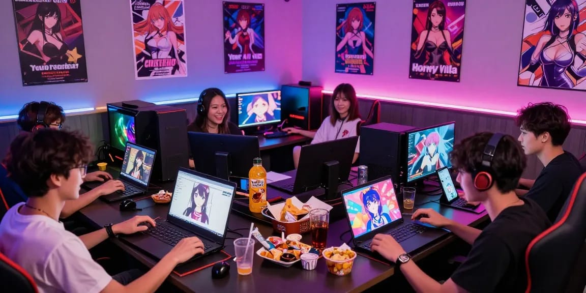 Group of friends enjoying ecchi games online in a vibrant gaming lounge with colorful lights and snacks.
