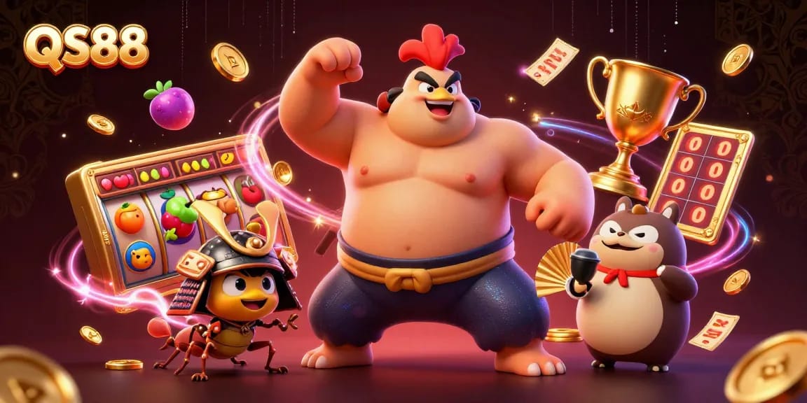 Experience thrilling game action at QS88 with dynamic casino elements and characters engaging in epic entertainment.