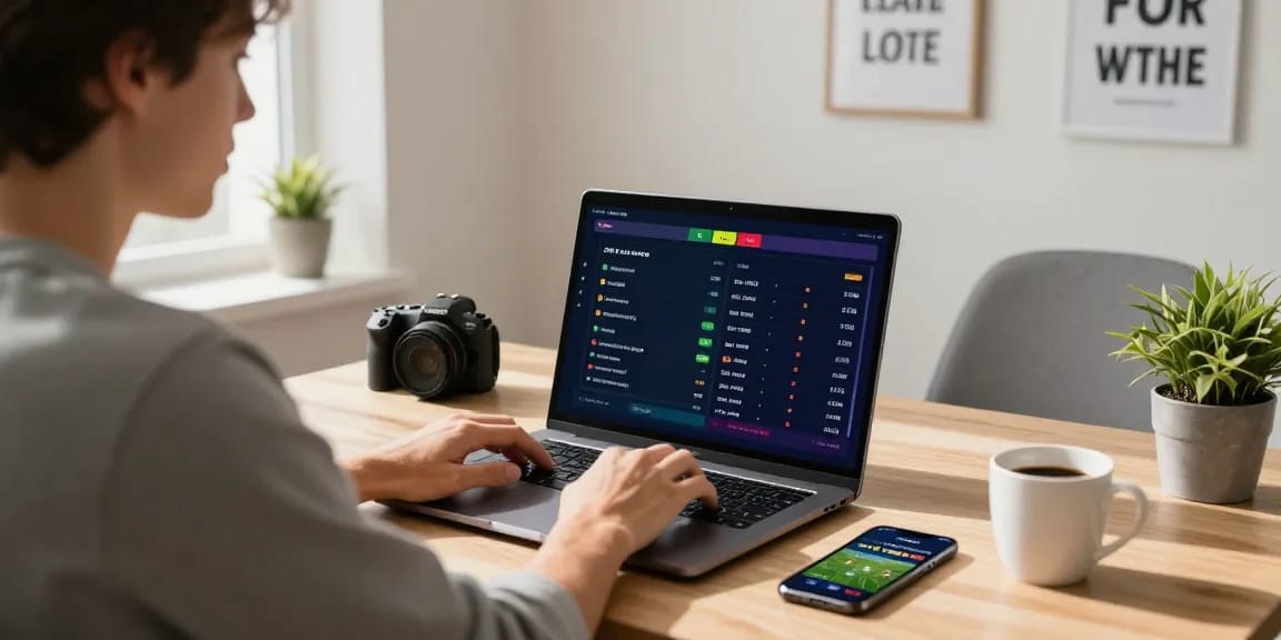 LUCK8 user betting online with live odds in a modern home office environment