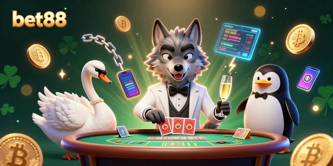 Win big with bet88 in this vibrant casino scene featuring a debonair wolf, elegant swan, and sophisticated penguin.